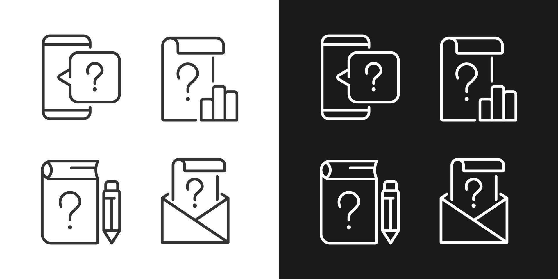 Fragen in Wirtschaft und Bildung lineare Symbole für den dunklen, hellen Modus eingestellt. Informationsunterstützungsdienst. dünne liniensymbole für nacht, tag thema. isolierte Illustrationen. editierbarer Strich vektor