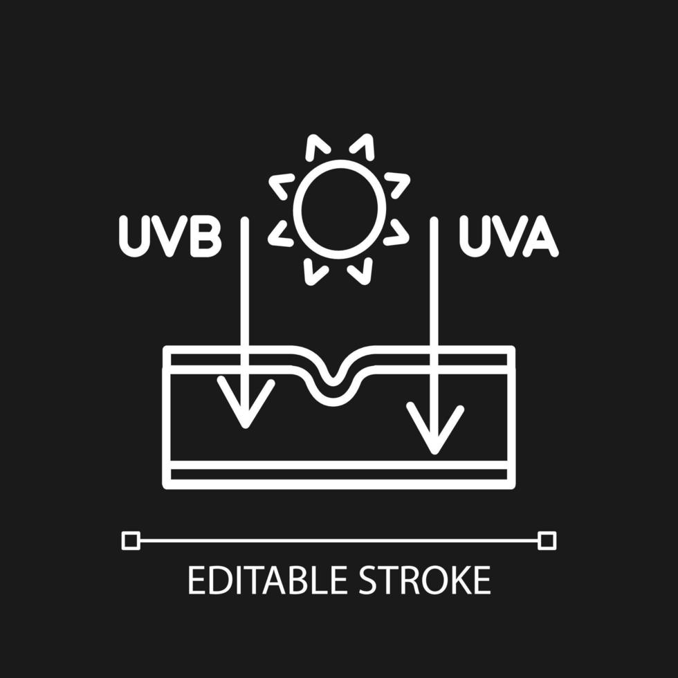 Sonneneffekt auf der Haut weißes lineares Symbol für dunkles Thema. Arten von ultravioletten Strahlen. Schäden durch Sonneneinstrahlung. dünne Liniendarstellung. isoliertes Symbol für Nachtmodus. editierbarer Strich. vektor