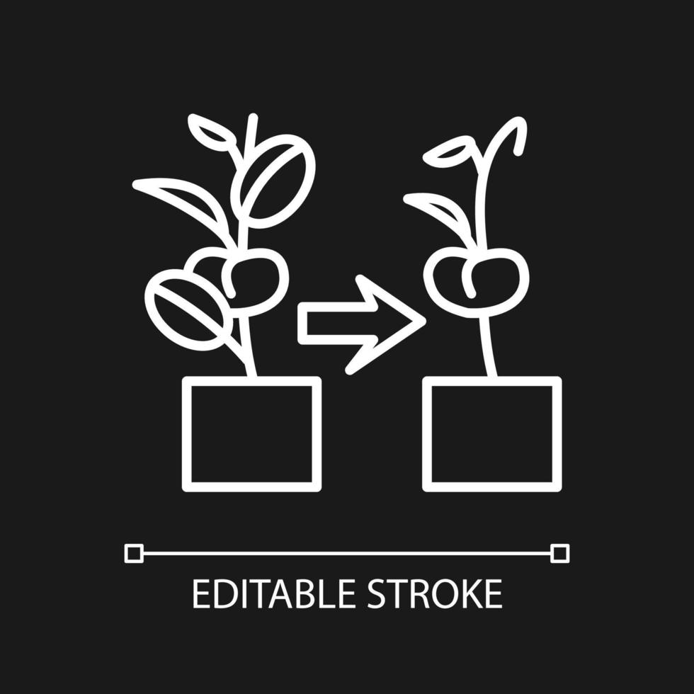 verwelkte Pflanze weißes lineares Symbol für dunkles Thema. verblassende und welke Blumen und Zimmerpflanzen. Indoor-Gartenarbeit. dünne Liniendarstellung. isoliertes Symbol für Nachtmodus. editierbarer Strich. vektor