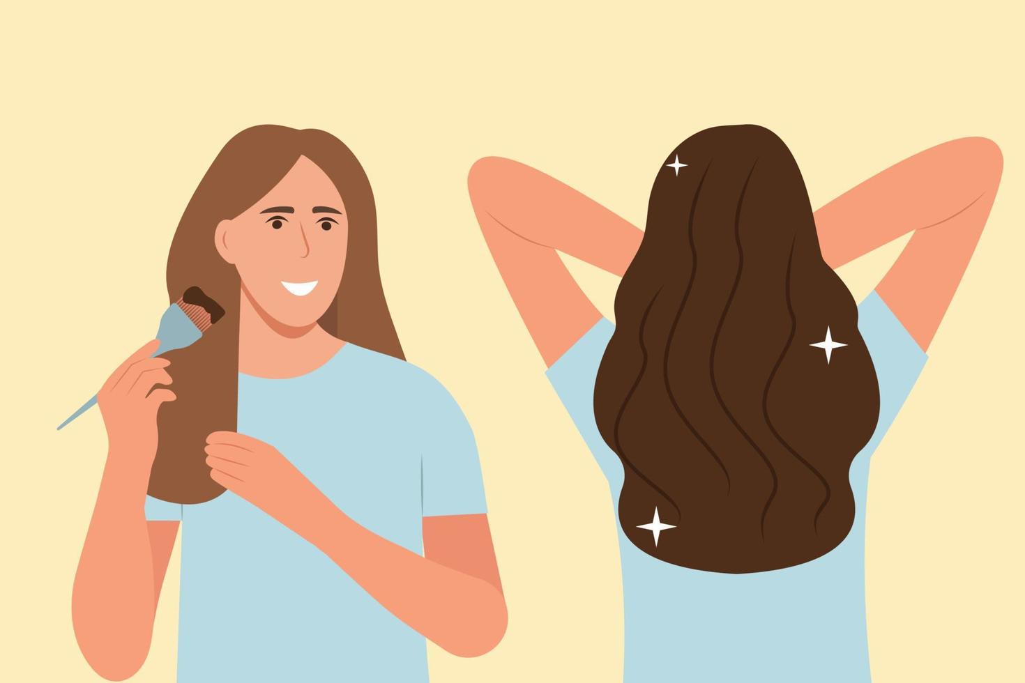 hur man färgar håret hemma guide. hårfärgningsprocess. skönhetsprocedur. applicera färgkräm på håret med borste. före och efter. vektor illustration