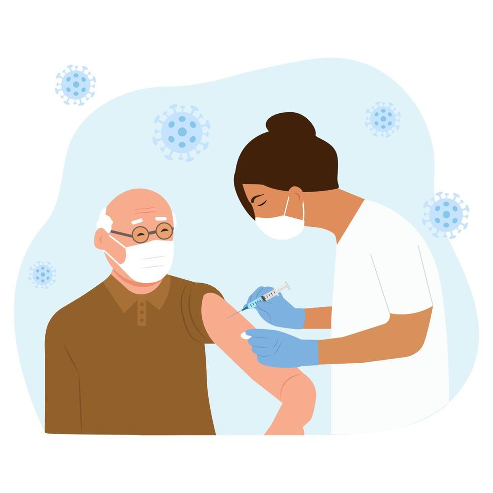 vaccinera äldre. läkare håller en injektion vaccination senior, gammal man. vaccination koncept. vektor illustration.