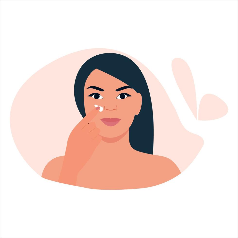 kvinna som applicerar kräm i ansiktet. hudvård rutin begreppet skönhet och hälsoskydd skin.vector illustration vektor