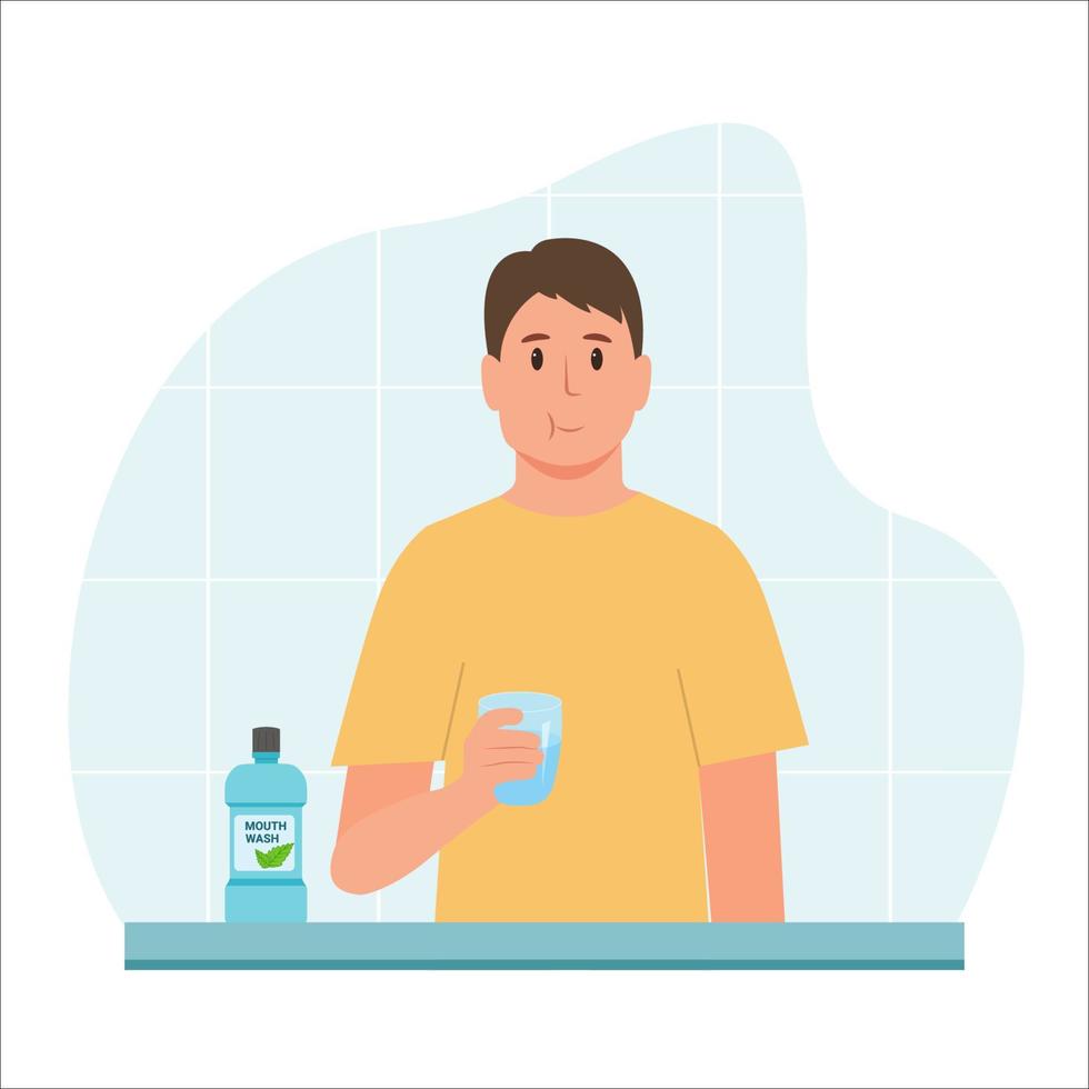 mann spült seinen mund mit mundwasser aus einem glas. tägliche mundhygieneroutine. Zahngesundheitskonzept. Vektor-Illustration vektor