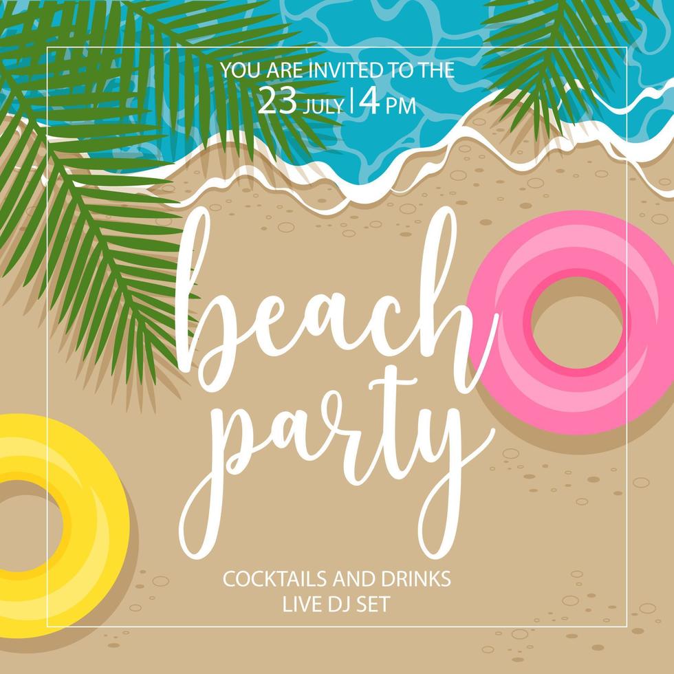 vektor illustration av beach party banner, affisch eller inbjudningskort mall med vågor som rullar på stranden, tropiska träd palmblad och simringar. lämplig för webbinlägg och reklam.