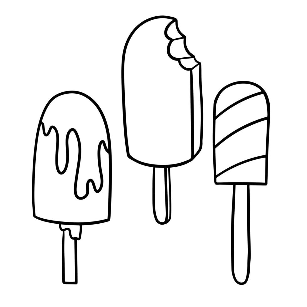 en uppsättning bilder för målarböcker, läckra kalla desserter, choklad och fruktglass på en pinne. vektor illustration i tecknad stil på en vit bakgrund
