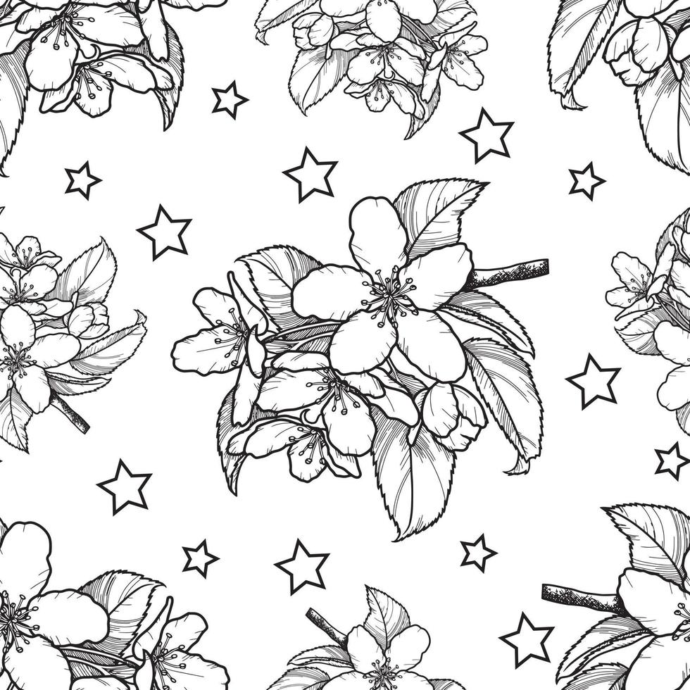 monochrome zeichnung, kirschblütenzweig, kirschbäume mit sternen auf transparentem hintergrund. nahtloses Muster. Vektor-Illustration vektor