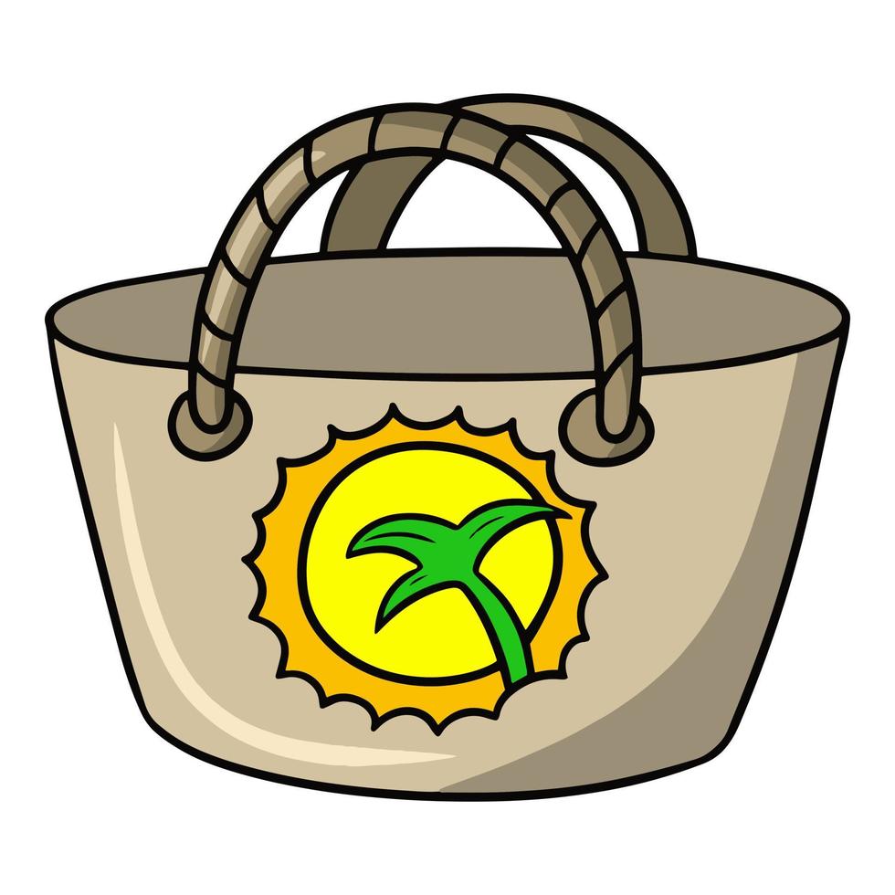 Beige Strandtasche mit hellem Muster, Reiseattribut, Vektor-Cartoon-Illustration auf weißem Hintergrund vektor