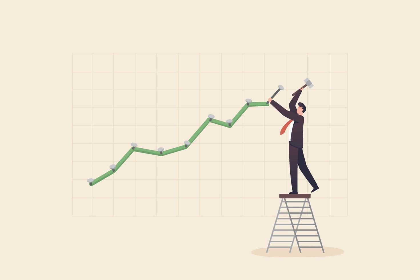 Anpassungen, Änderung des Anlageportfolios durch Börsencrash, Erstellung eines Bullish-Run-Konzepts. geschäftsmann, der auf eine leiter klettert, um ein aufwärtstrenddiagramm an einer wand anzupassen. vektor