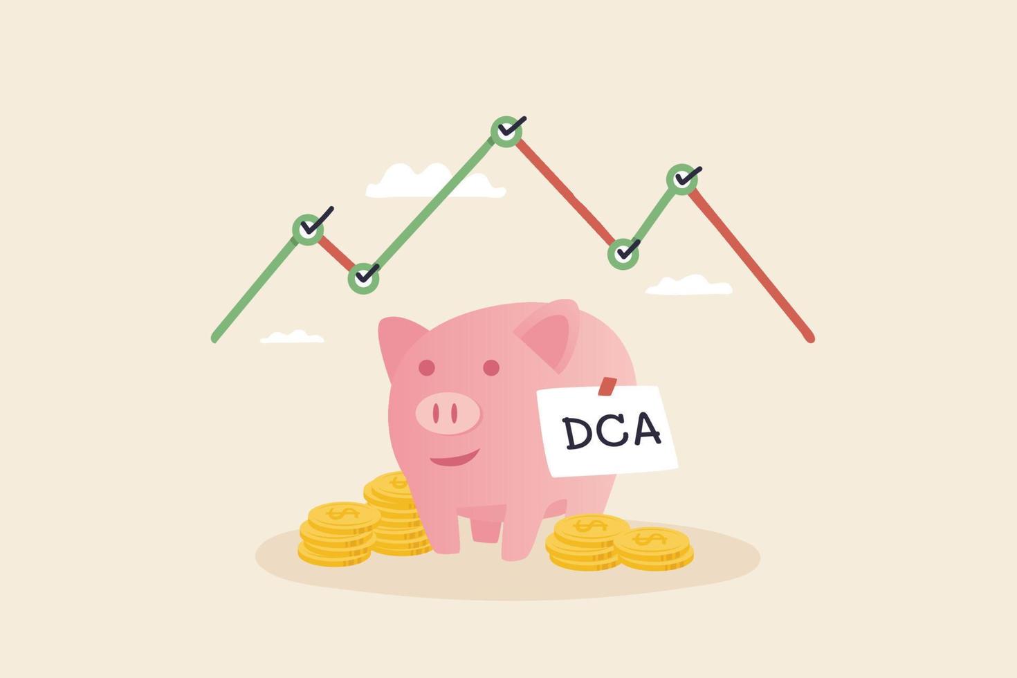 sparande aktier, dca, dollar-kostnadsgenomsnitt eller genomsnittlig kostnadsinvestering. investera i sparande månadsvis, kvartalsvis. vektor