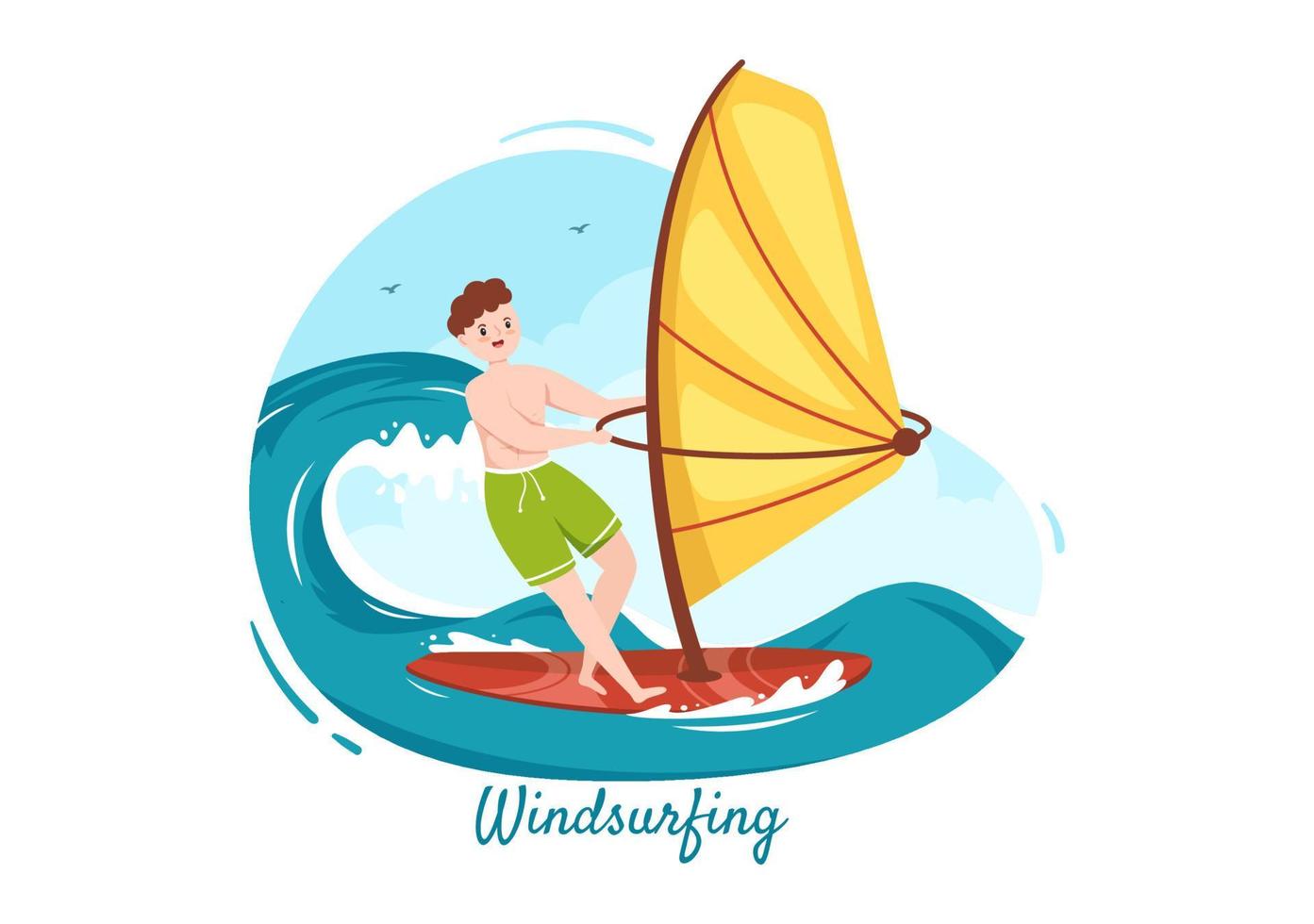 sommar vindsurfing av vattensportaktiviteter tecknad illustration med turer på de tunnformade forsande vågorna eller flytande på paddelbräda i platt stil vektor