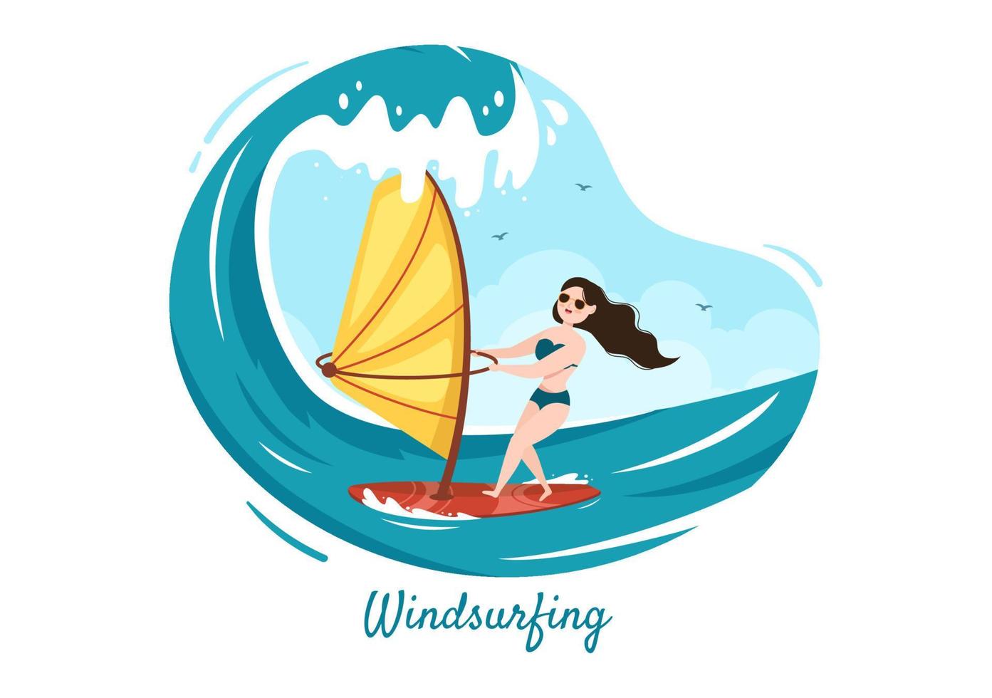 sommar vindsurfing av vattensportaktiviteter tecknad illustration med turer på de tunnformade forsande vågorna eller flytande på paddelbräda i platt stil vektor