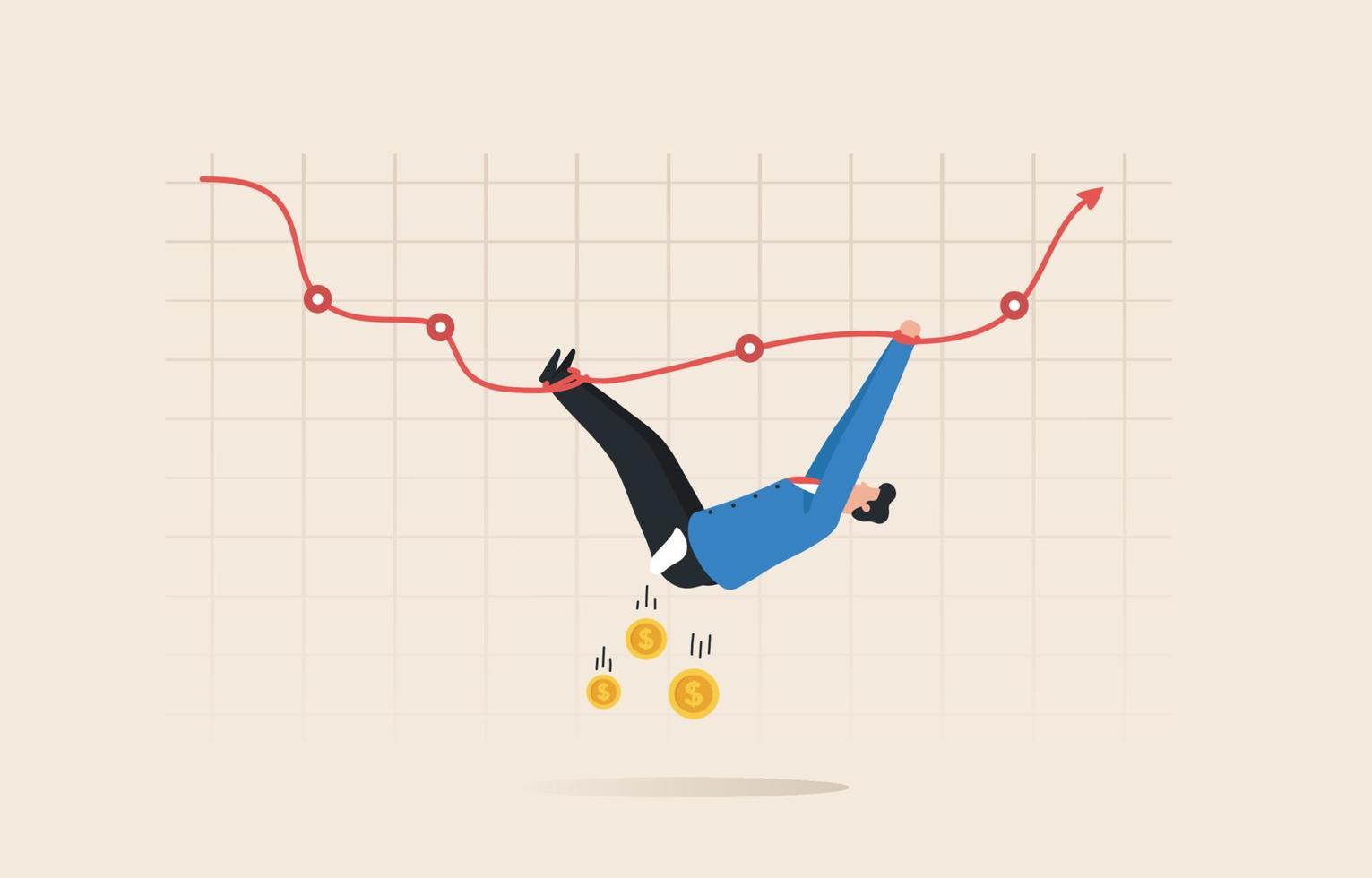 finansiell volatilitet, finanskris, aktiemarknad. fallande röd pil diagram. affärsmannen var omsluten av sin kropp hårt av den röda pilen som faller ner från aktiemarknaden. vektor