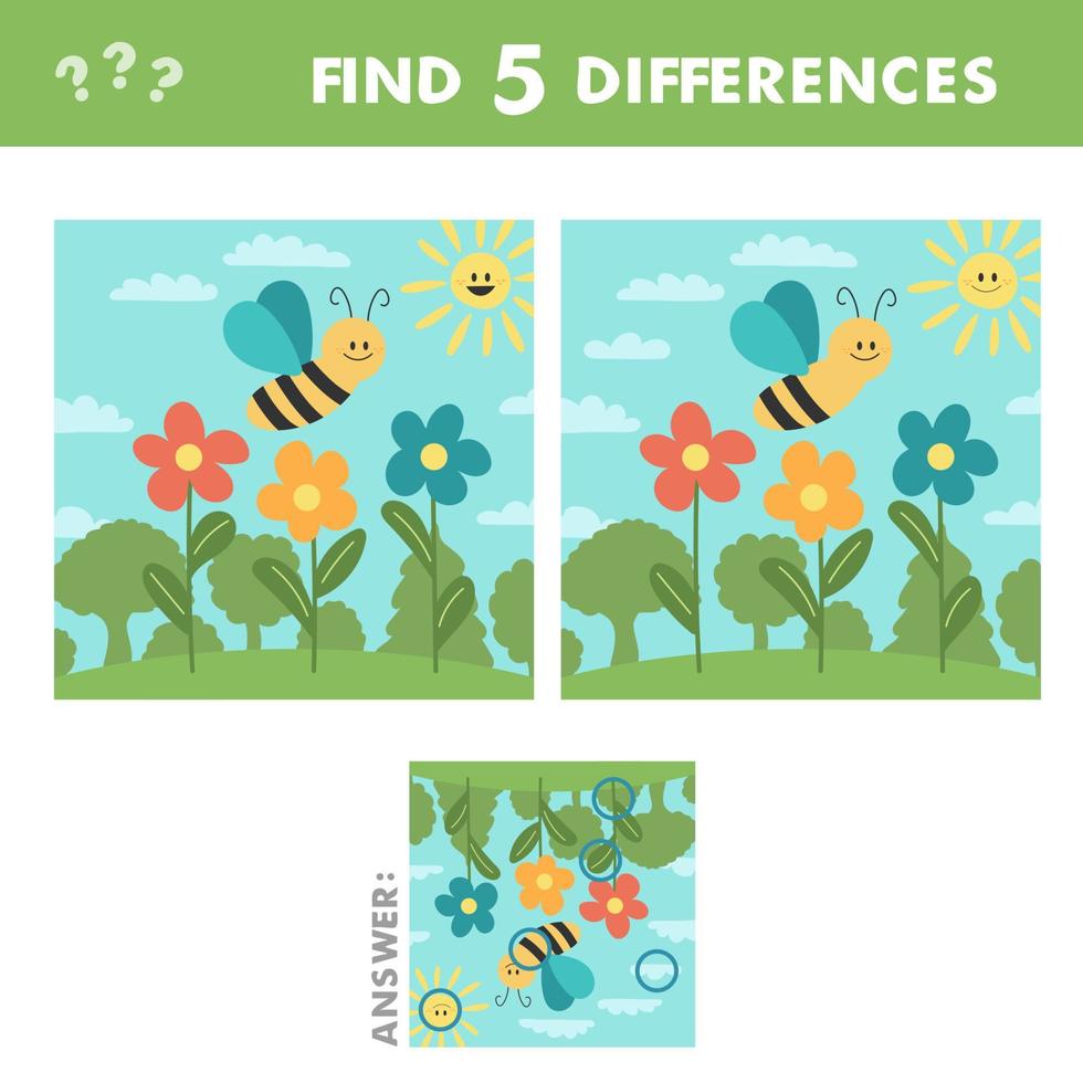 Lernspiel für Kinder. Finden Sie 5 Unterschiede. süße Biene mit Blumen. vektor