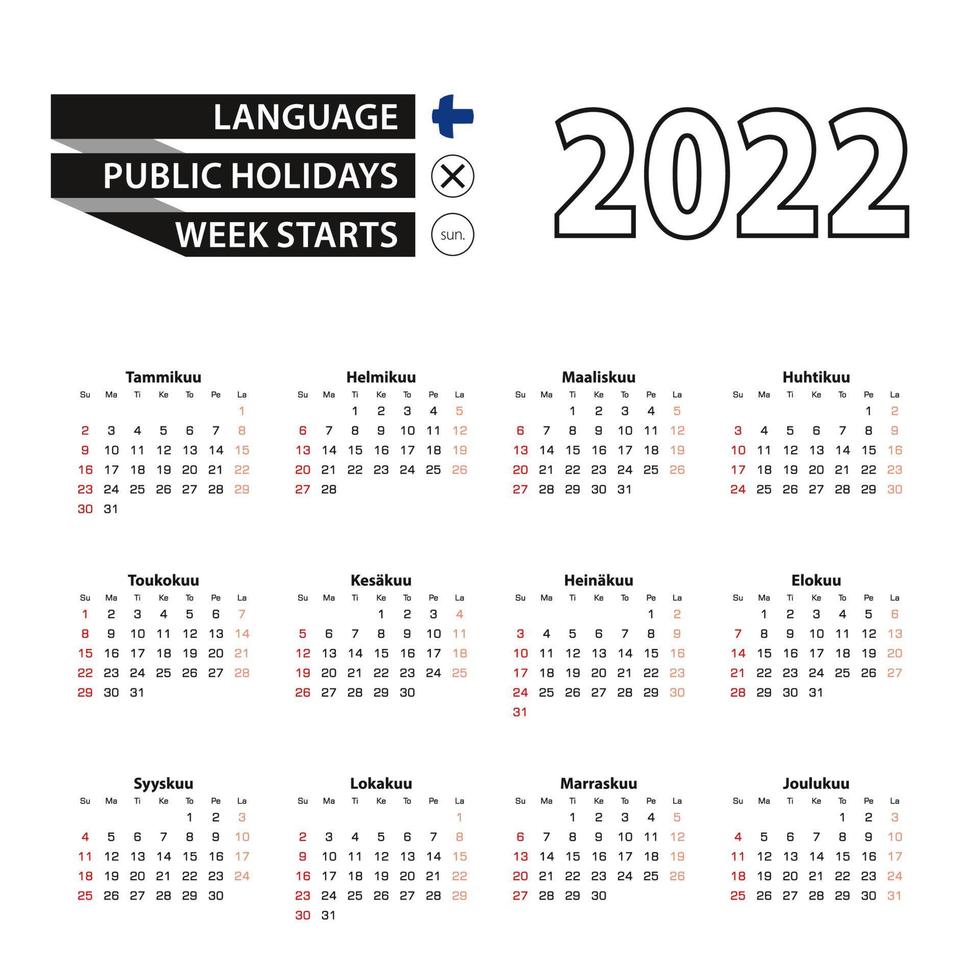 2022 kalender på finska språket, veckan börjar från söndag. vektor