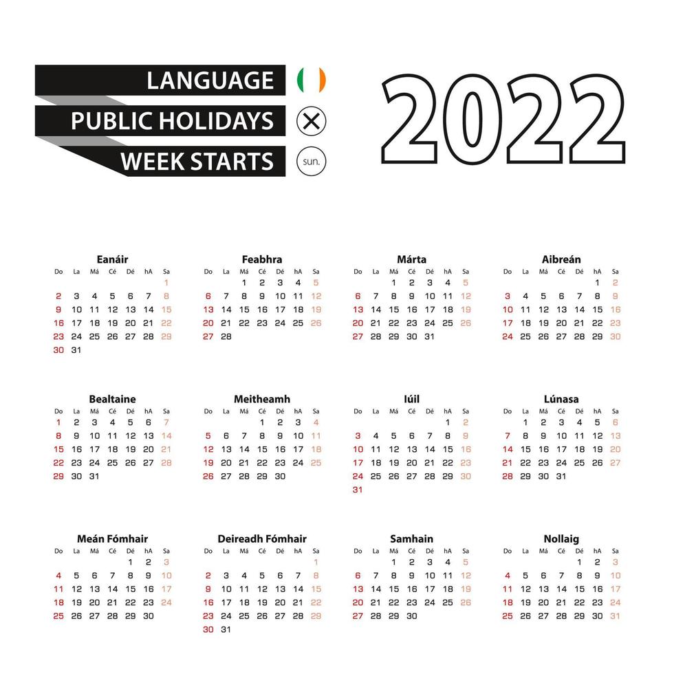 Kalender 2022 in irischer Sprache, Woche beginnt am Sonntag. vektor