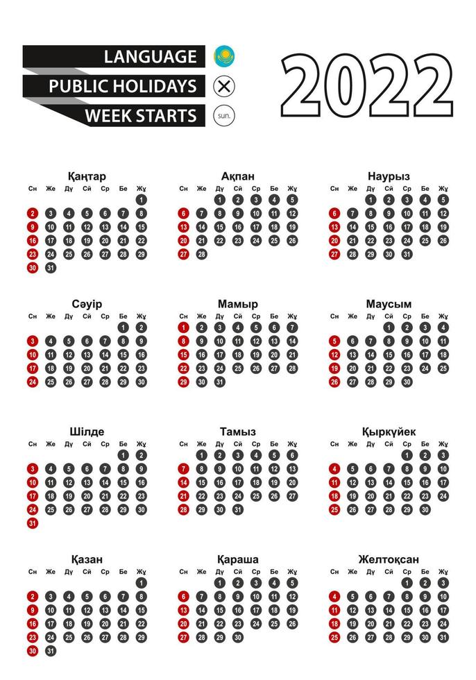 kazakisk kalender 2022 med siffror i cirklar, veckan börjar på söndag. 2022 med kazakstans flagga. vektor