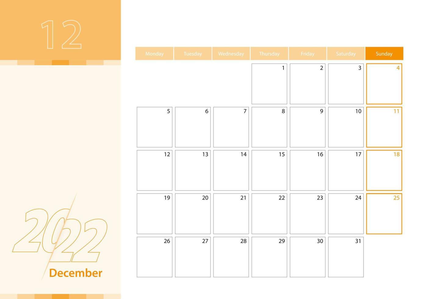 horisontell planerare för december 2022 i orange färgschema. veckan börjar på måndag. en väggkalender i minimalistisk stil. vektor