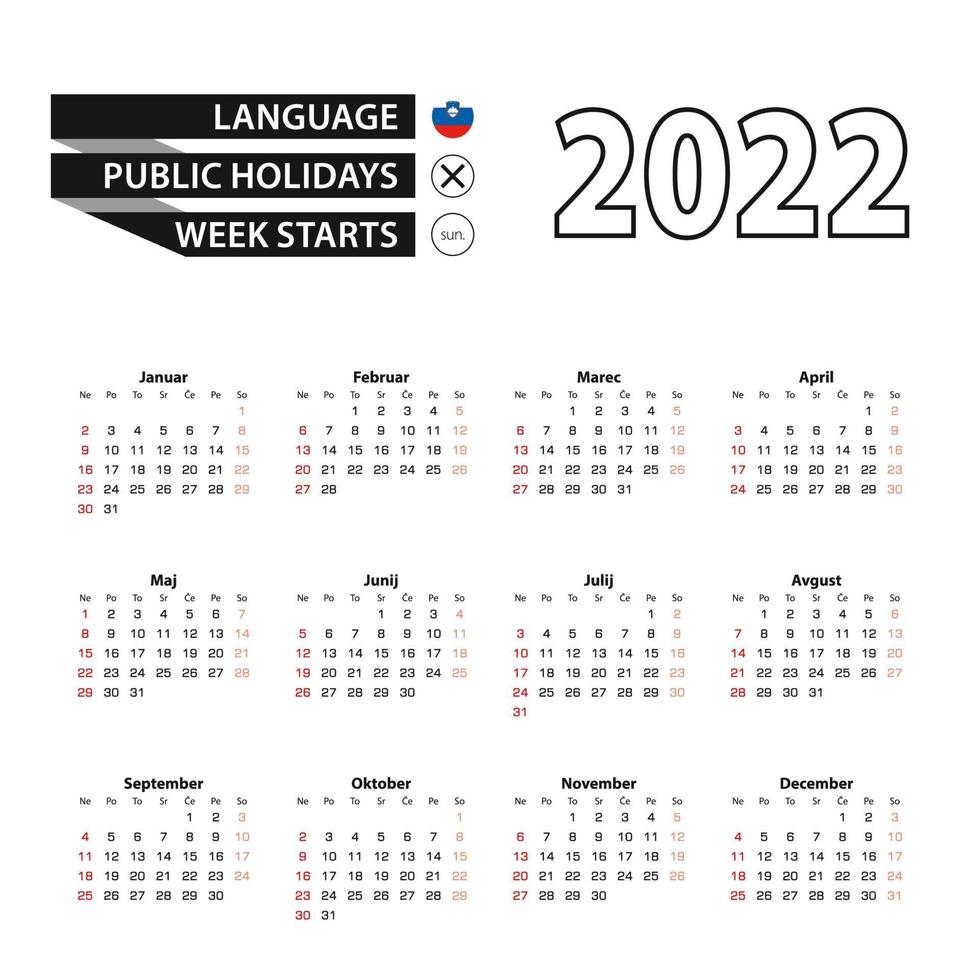 Kalender 2022 in slowenischer Sprache, Woche beginnt am Sonntag. vektor