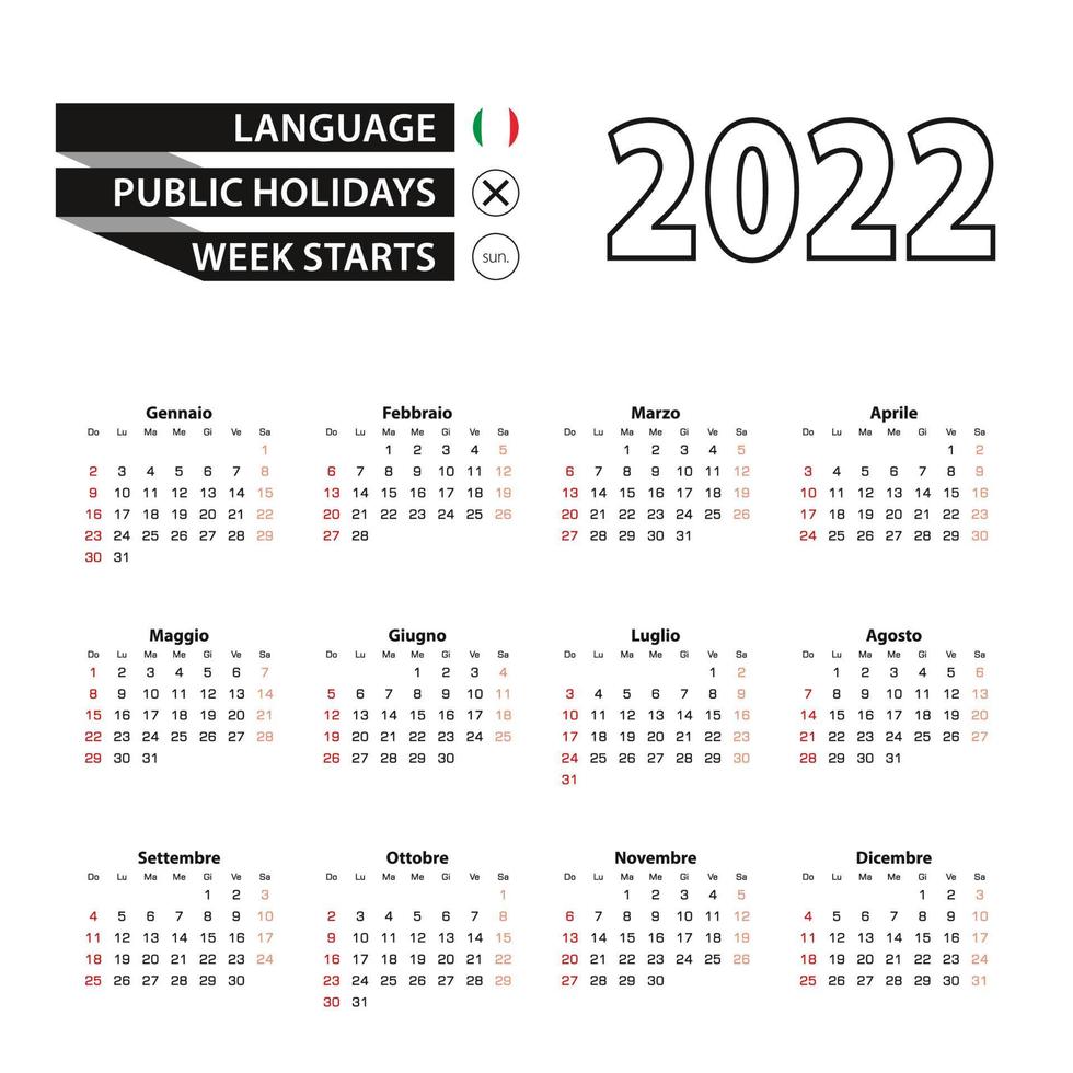 Kalender 2022 in italienischer Sprache, Woche beginnt am Sonntag. vektor