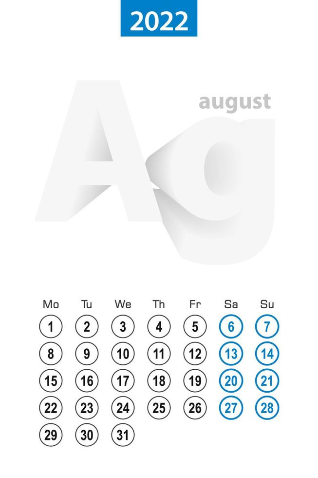 Kalender für August 2022, blaues Kreisdesign. Englische Sprache, Woche beginnt am Montag. vektor