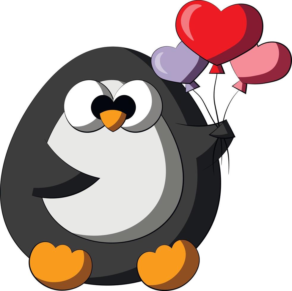 söt tecknad pingvin med ballong i form hjärta. rita illustration i färg vektor