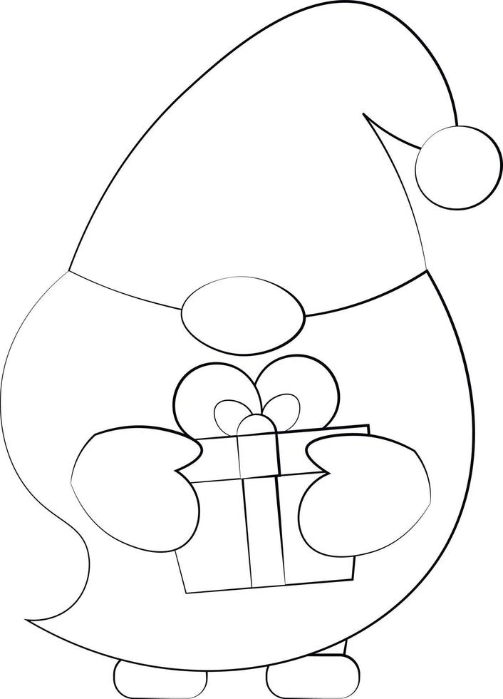 liten jultomte med presentförpackning. rita illustration i svartvitt vektor