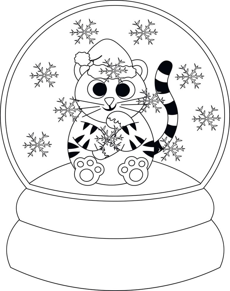 Weihnachtsschneeball mit Tiger und Zuckerstange. Zeichnen Sie die Illustration in Schwarzweiß vektor