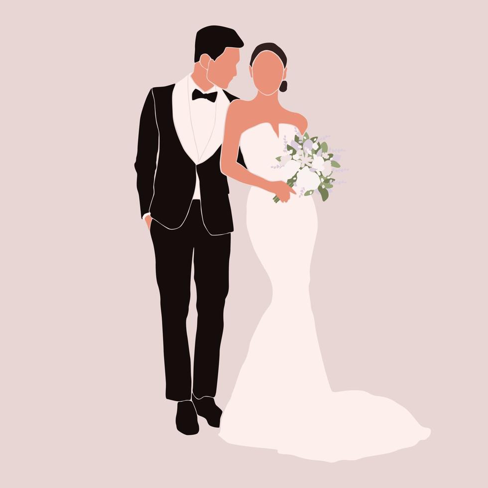 abstrakte Silhouette des Hochzeitspaares, des Bräutigams und der Braut. Frau mit Blumenstrauß und Mannporträt. Einladungskarte. Hochzeitszeremonie. Ehe Menschen eine Illustration. Frischvermählten-Plakat-Wanddruckdekor vektor