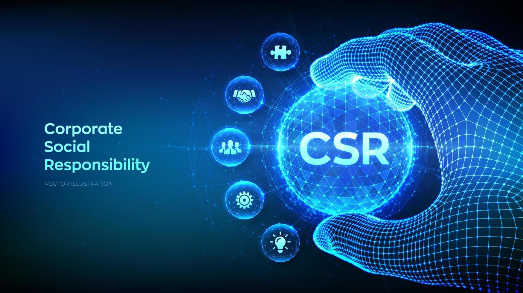 csr. företagens sociala ansvar och att ge tillbaka till samhällskonceptet i form av polygonal sfär i trådramshand. hållbarhetsansvarigt kontor. vektor illustration.