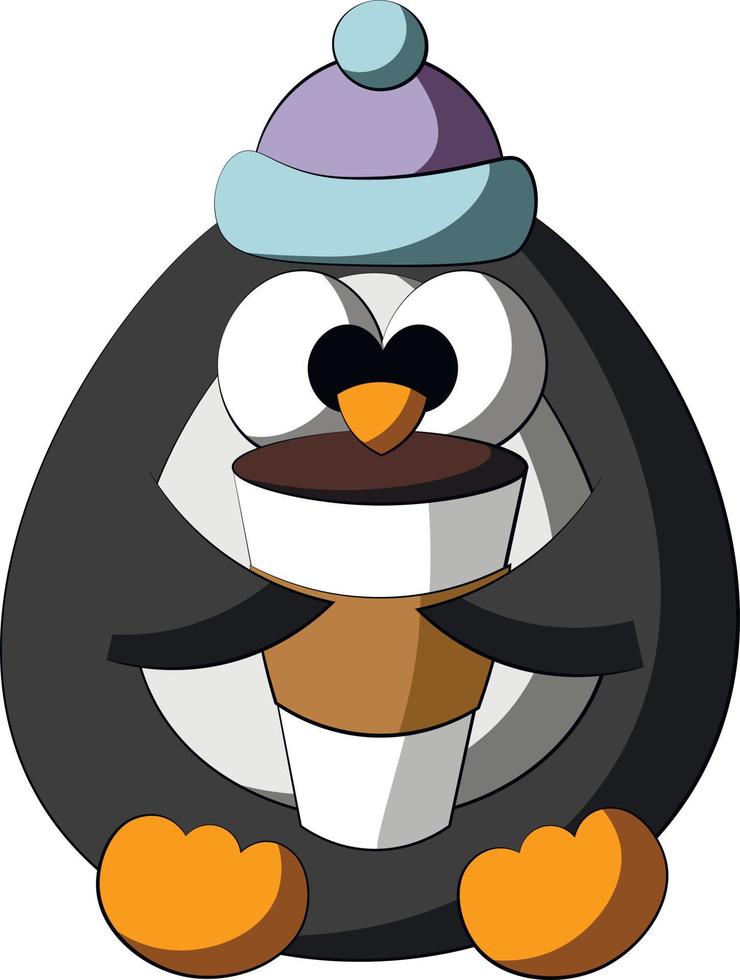 söt tecknad pingvin med kaffekopp. rita illustration i färg vektor