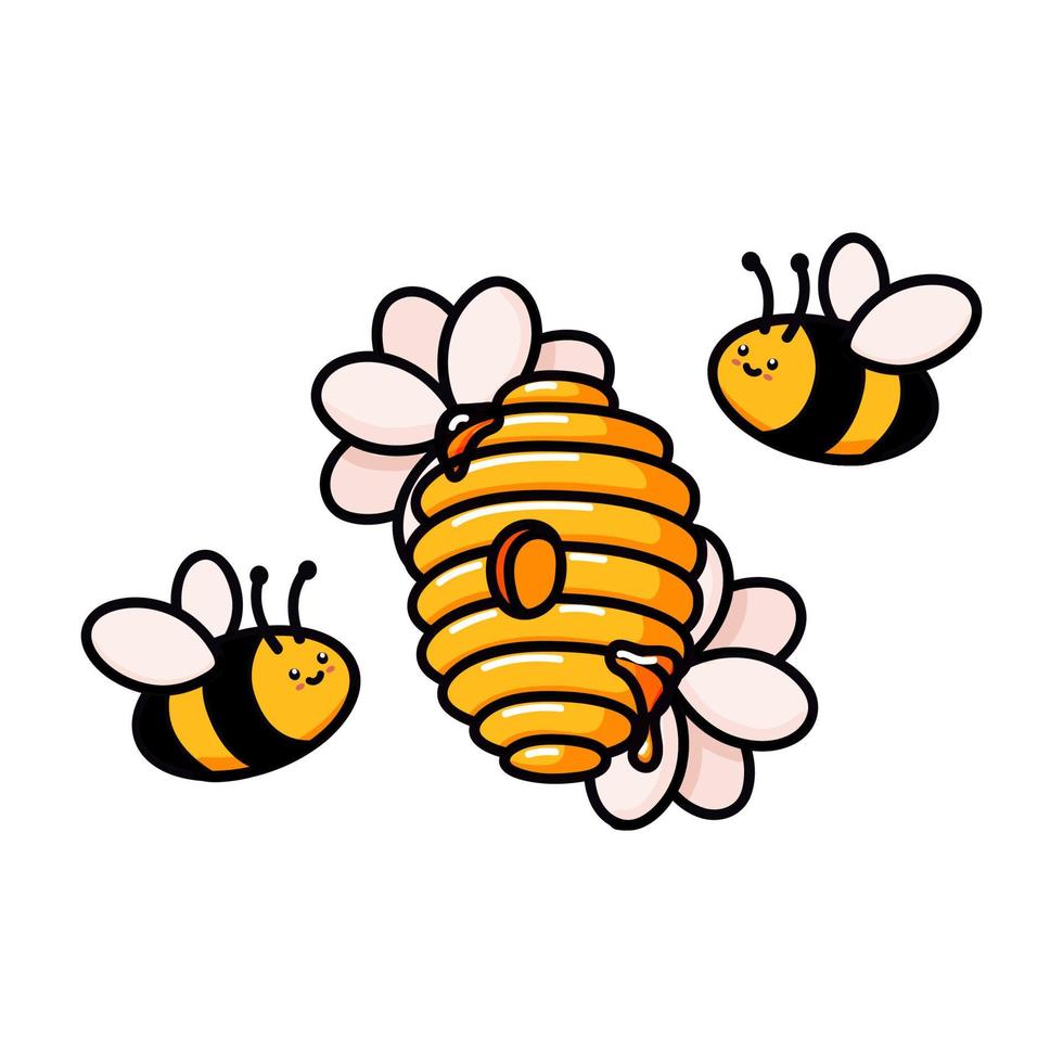 Bienenstock mit süßen Bienen und Blumen. gelbe Bienenstock-Doodle-Vektorillustration. Heimat der Wespe, Biene und Insekten mit Blumen. Honigproduktion, Imkerei. flache karikaturillustration lokalisiert vektor