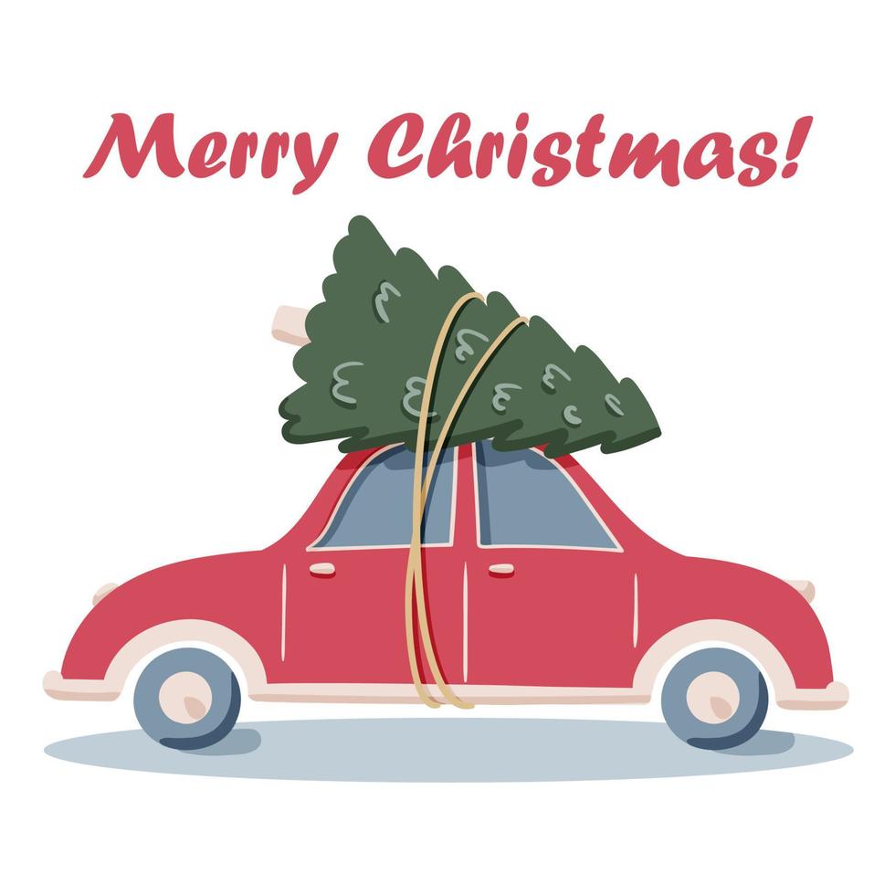 Weihnachtsbaum auf dem auto roter auto-weihnachtsbaum isoliert
