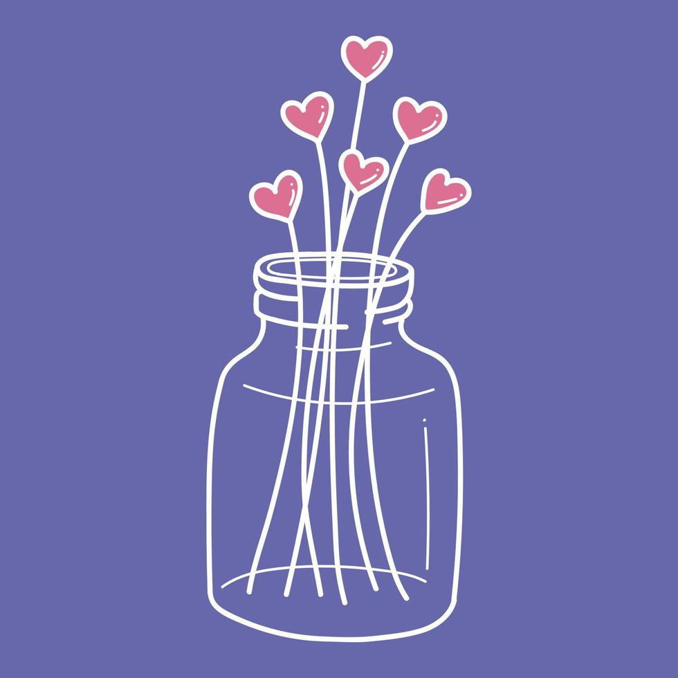 Valentinstag-Grußkarte in trendigen Farben Pink und Violett mit Herzen in einer Vase isoliert auf Lila vektor