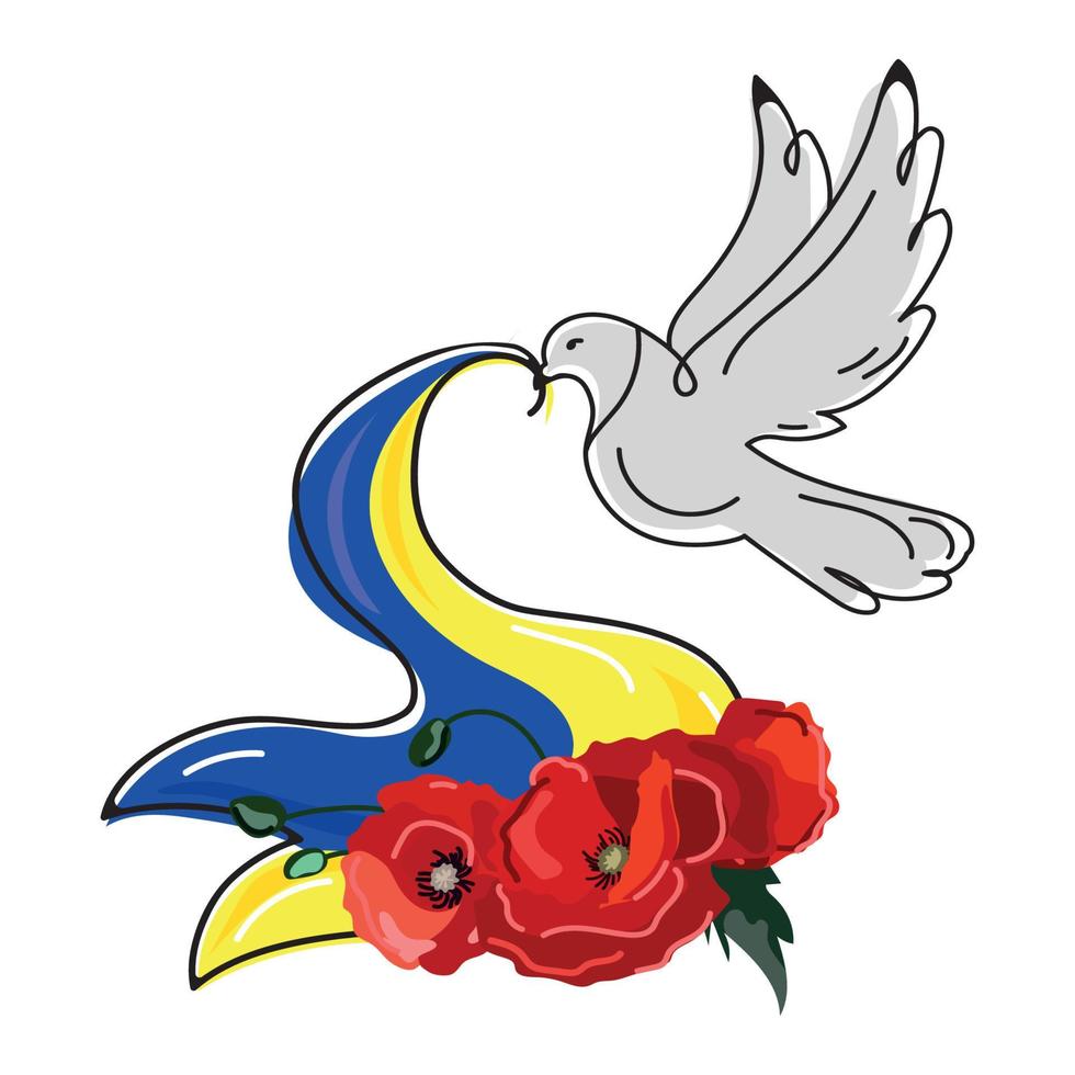 taube birdwith die flagge der ukraine in seinem schnabel und roten mohnblumen vector illustration auf einem weißen hintergrund. friedenstaube, vektorzeichnungsemblem. nationales symbol. Ukraine unterstützen.