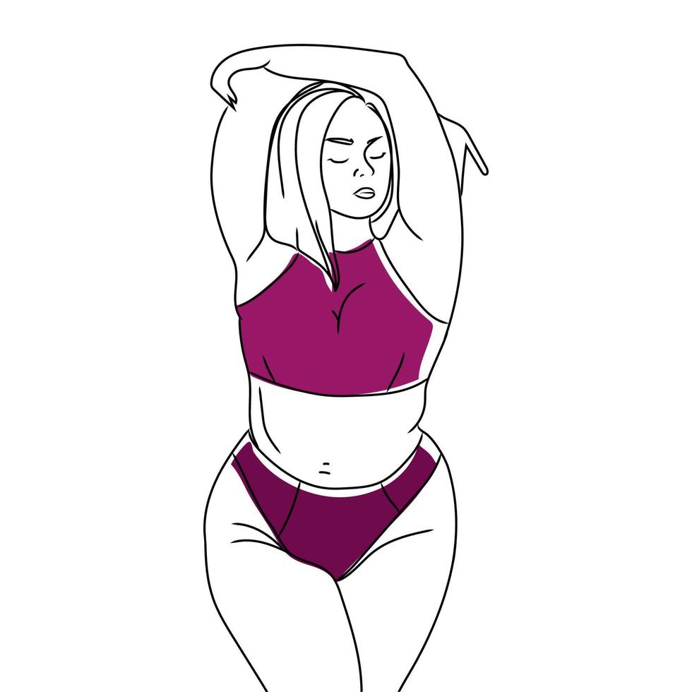 attraktiv plus size kvinna i baddräkt eller underkläder på vit bakgrund vektorillustration. kroppspositivitet, hälsa, självkärlek och kroppsacceptans koncept. modern sund flicka linjekonstillustration vektor