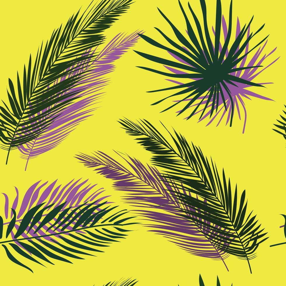 tropiskt mönster, palmblad sömlös vektor blommig bakgrund. exotisk växt på gul med kontrast skuggor. sommar natur djungel. vacker illustration för tryckdesign, tapeter, textil, packning