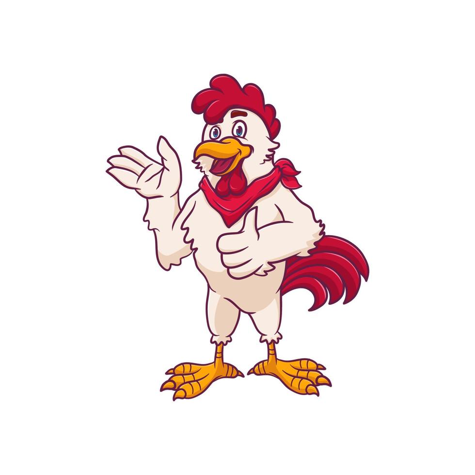 Huhn-Maskottchen-Logo. ein glückliches Cartoon-Hahn-Huhn, das einen Daumen nach oben gibt vektor