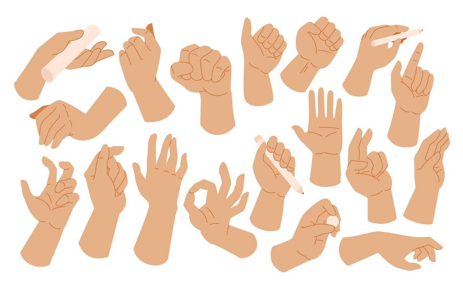 linke hände stellen gesten dar. halten und zeigen gesten, daumen drücken, faust, frieden und daumen hoch. karikatur menschliche handflächen und handgelenkvektorsatz. Kommunikation oder Sprechen für Boten. Tag der Linkshänder vektor