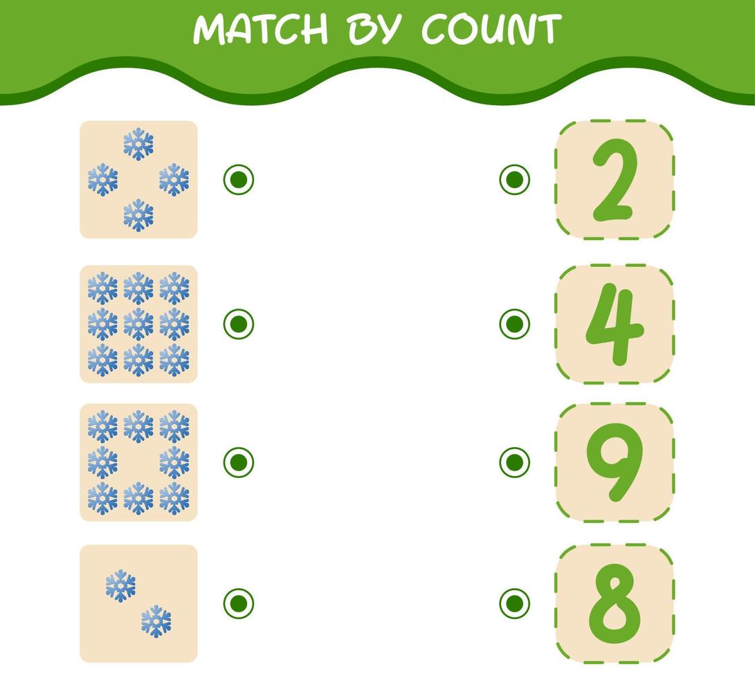 Übereinstimmung durch Zählung der Cartoon-Schneeflocke. Match-and-Count-Spiel. Lernspiel für Kinder und Kleinkinder im Vorschulalter vektor