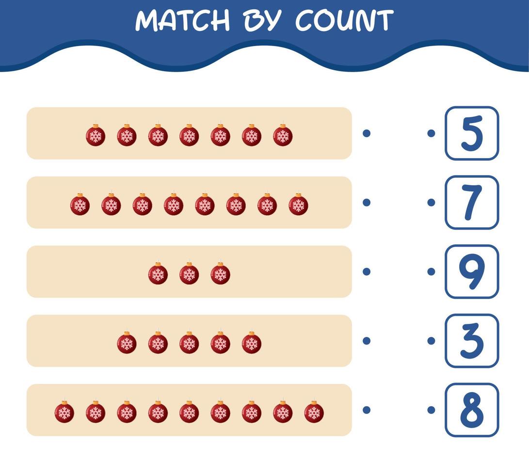 Übereinstimmung durch Zählung der Cartoon-Weihnachtsverzierung. Match-and-Count-Spiel. Lernspiel für Kinder und Kleinkinder im Vorschulalter vektor