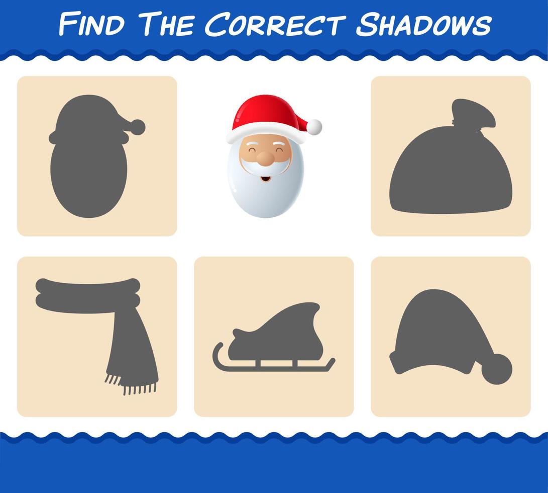Finden Sie die richtigen Schatten des Weihnachtsmanns. Such- und Zuordnungsspiel. Lernspiel für Kinder und Kleinkinder im Vorschulalter vektor