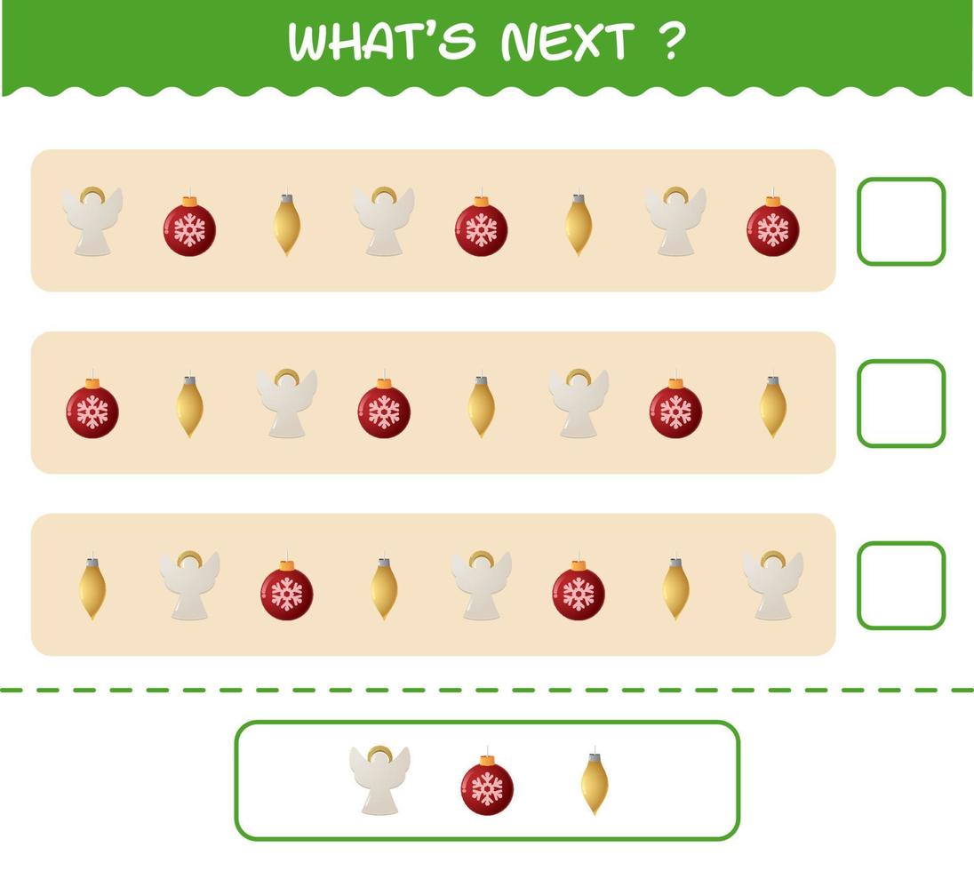 vad kommer nästa pedagogiska spel av tecknad jul. hitta regelbundenhet och fortsätt raduppgiften. pedagogiskt spel för barn och småbarn i förskoleåldern vektor