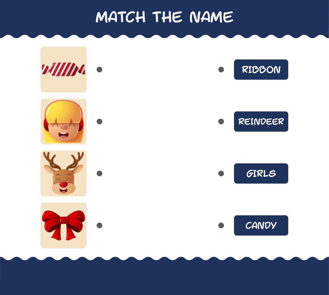 passen Sie den Namen von Cartoonweihnachten an. Matching-Spiel. Lernspiel für Kinder und Kleinkinder im Vorschulalter vektor