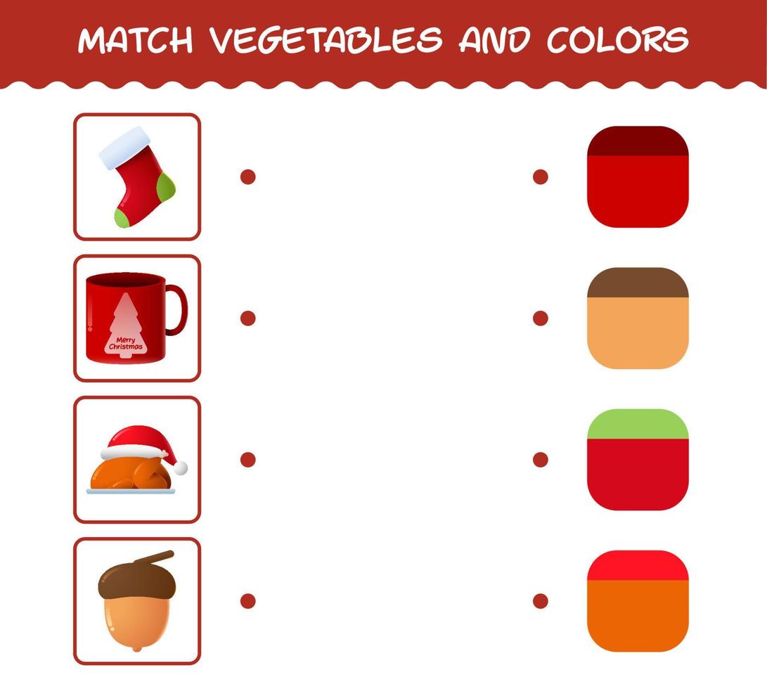 Match-Cartoon-Weihnachten und Farben. Matching-Spiel. Lernspiel für Kinder und Kleinkinder im Vorschulalter vektor