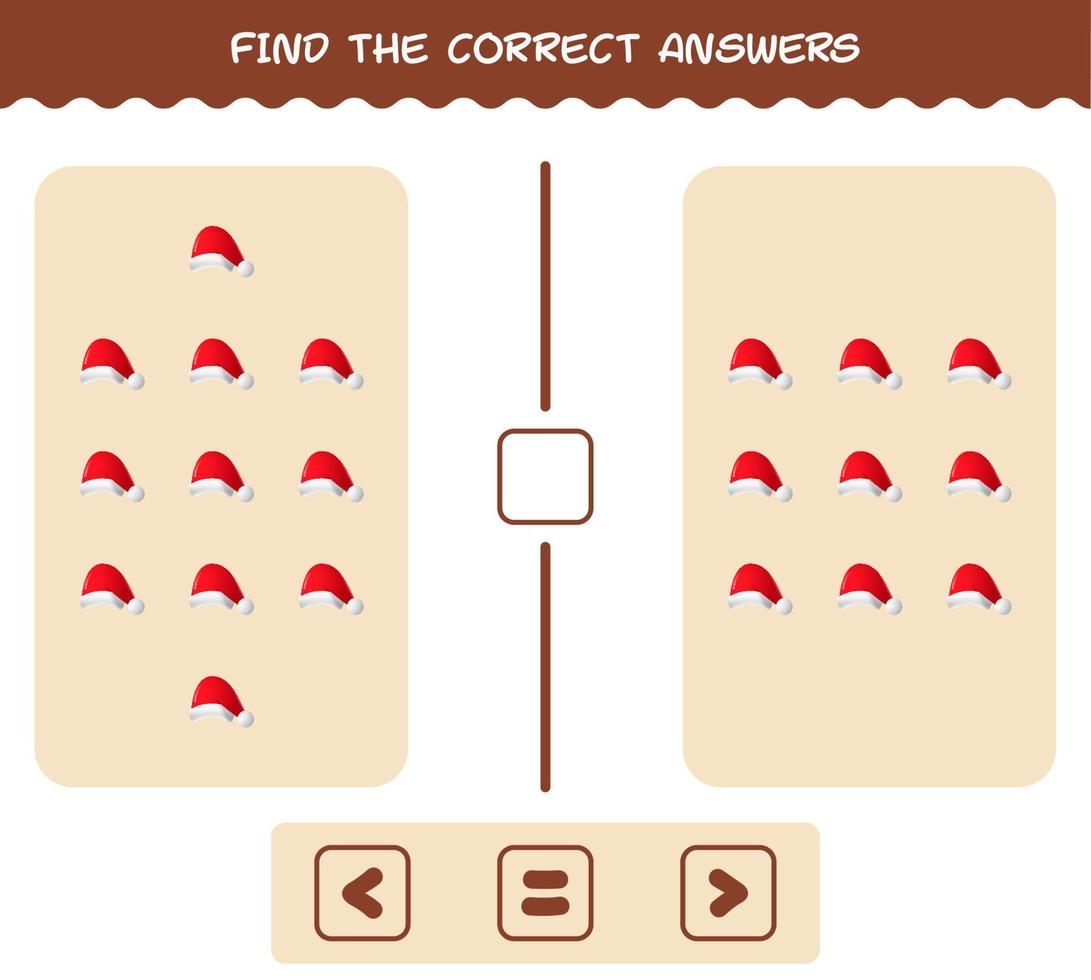 hitta de rätta svaren på tecknad tomtehatt. leta och räkna spel. pedagogiskt spel för barn och småbarn i förskoleåldern vektor