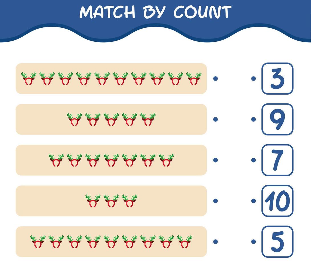Match by Count von Cartoon-Geweih-Stirnband. Match-and-Count-Spiel. Lernspiel für Kinder und Kleinkinder im Vorschulalter vektor