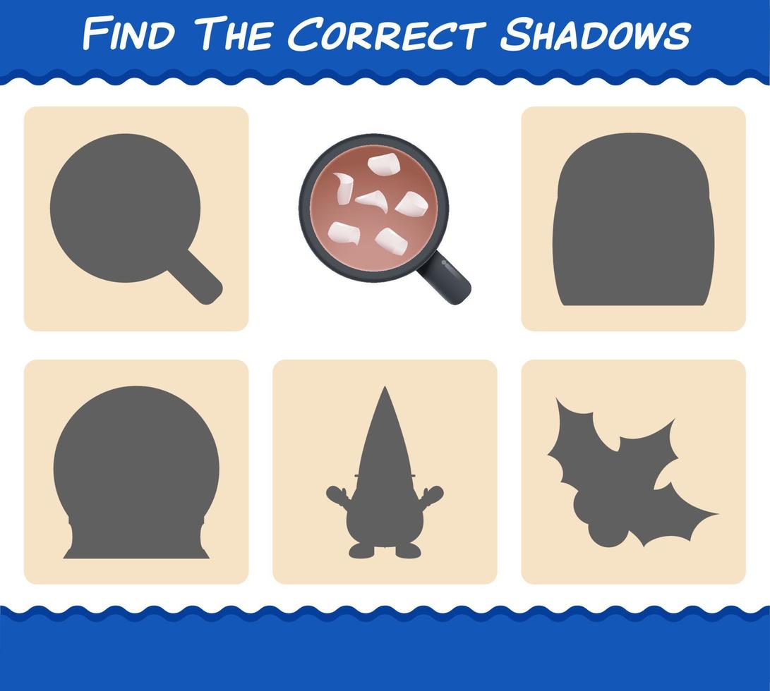 Finden Sie die richtigen Schatten von heißer Schokolade. Such- und Zuordnungsspiel. Lernspiel für Kinder und Kleinkinder im Vorschulalter vektor