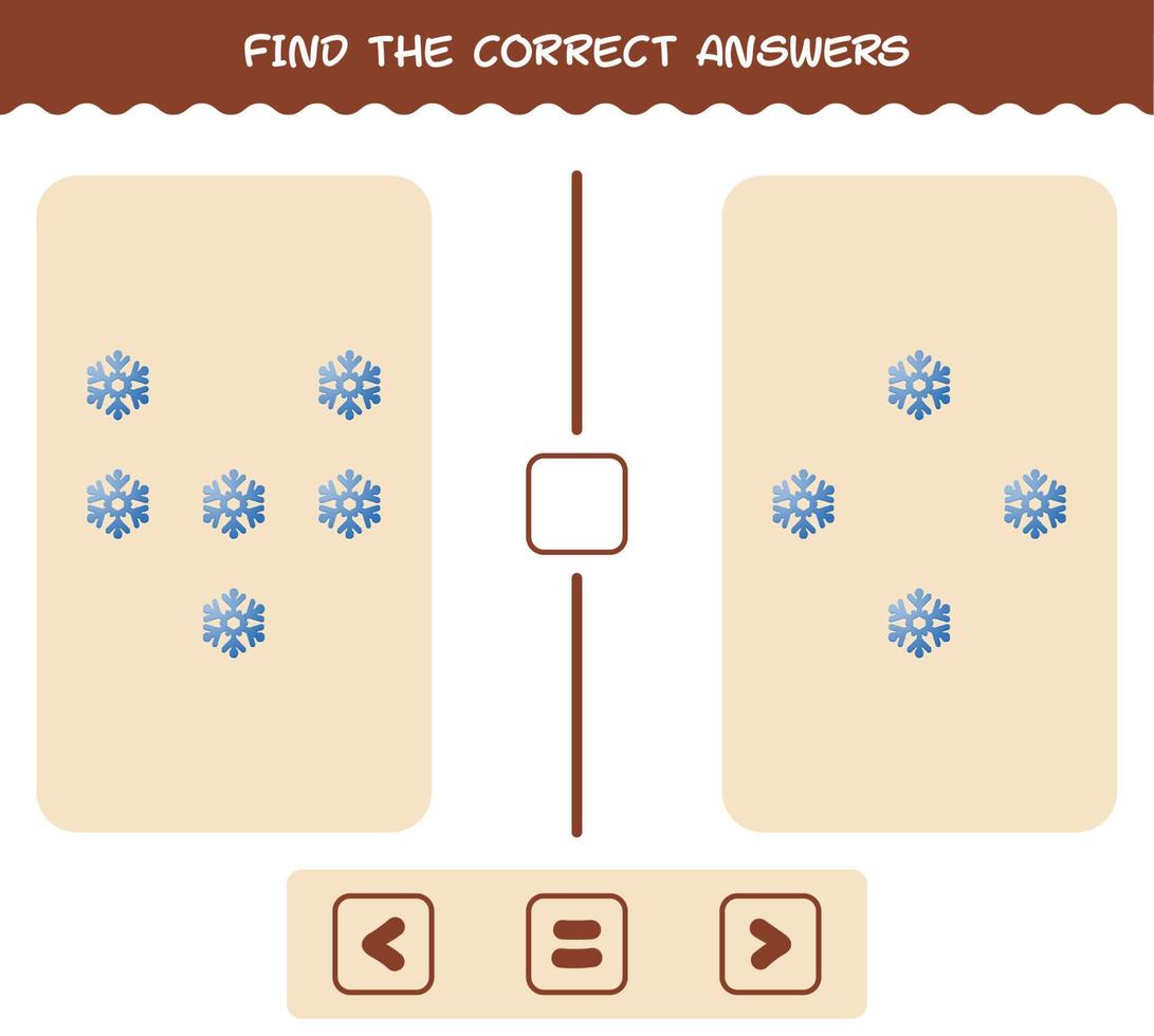 hitta de rätta svaren på tecknad snöflinga. leta och räkna spel. pedagogiskt spel för barn och småbarn i förskoleåldern vektor