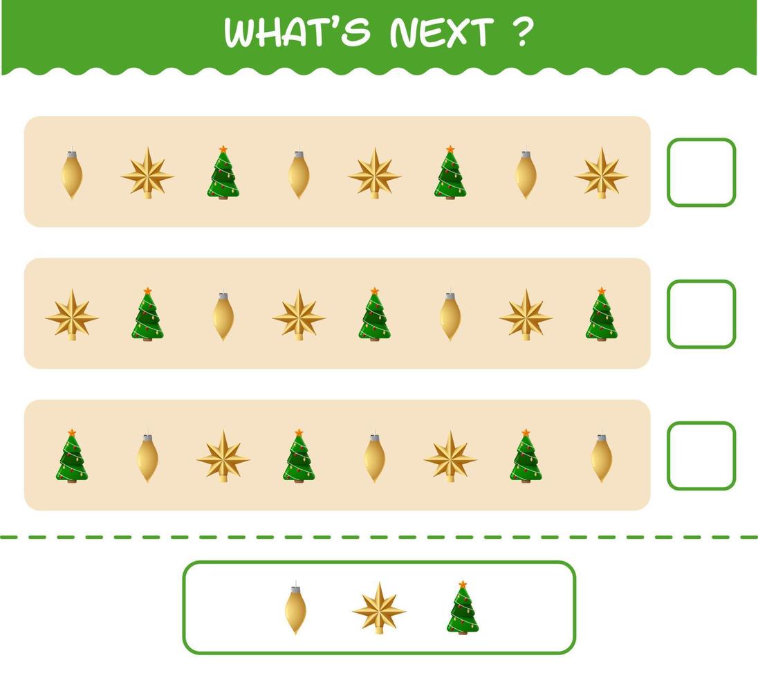 Was kommt als nächstes Lernspiel Cartoon Weihnachten. Finden Sie die Regelmäßigkeit und setzen Sie die Zeilenaufgabe fort. Lernspiel für Kinder und Kleinkinder im Vorschulalter vektor