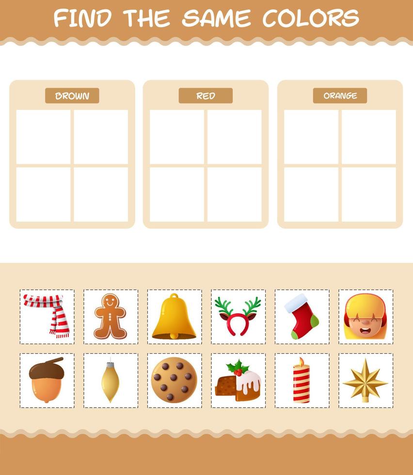 hitta samma färger på julen. söka och matcha spel. pedagogiskt spel för barn och småbarn i förskoleåldern vektor
